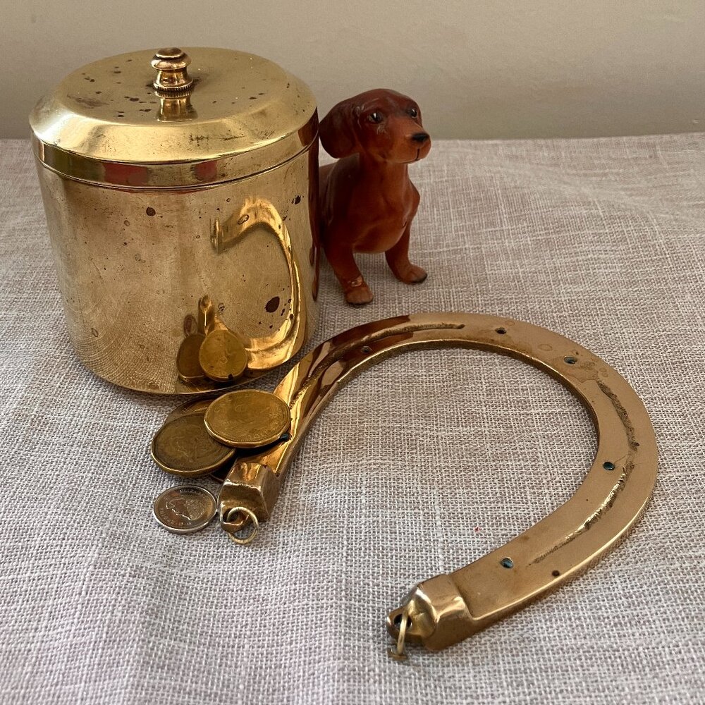 Vintage Brass Lidded Pot and Brass Horse Shoe